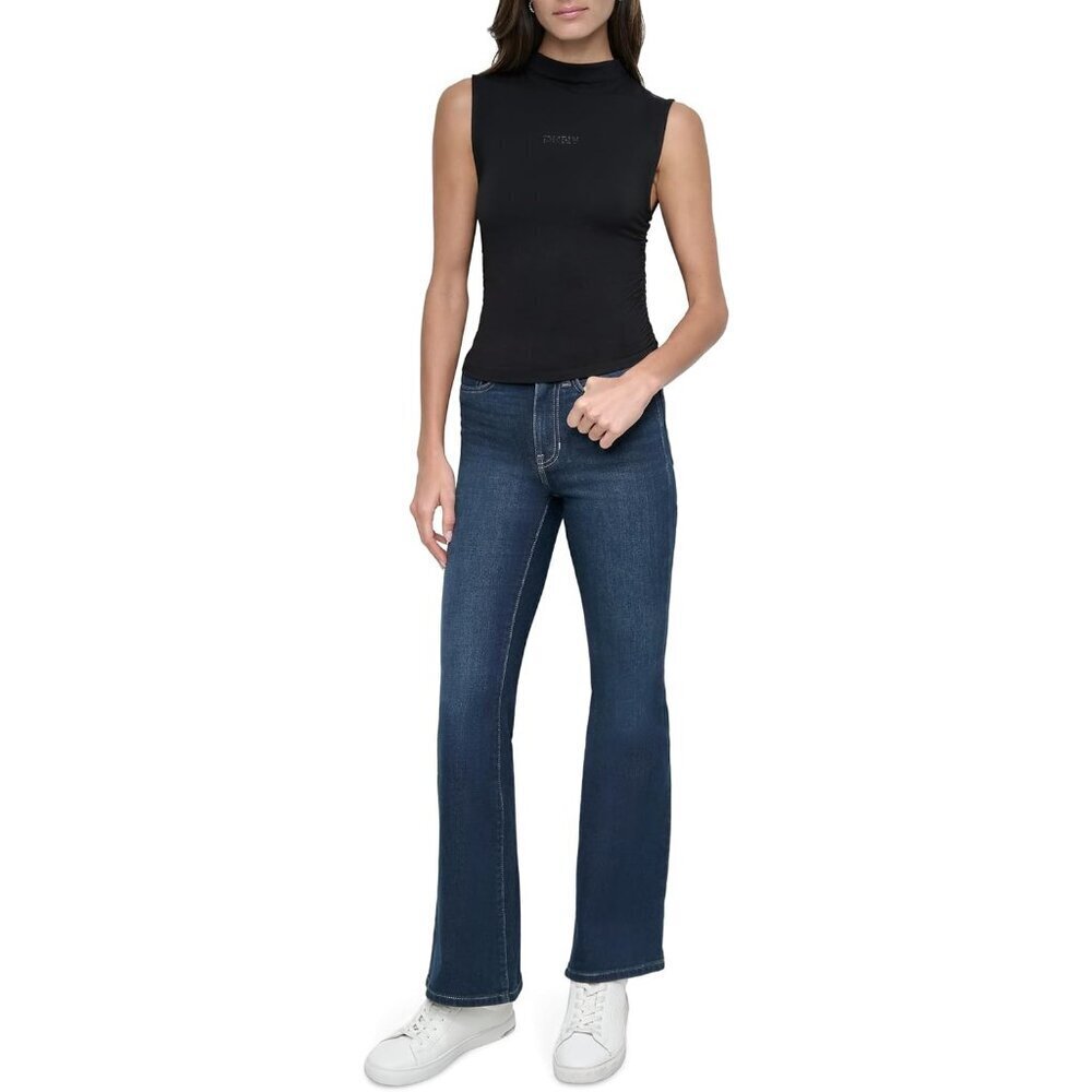 Women’s Ruched Black Top Rayon Spandex Mockneck Versatile Fashion